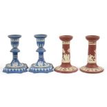 TWO PAIRS OF WEDGWOOD DWARF CRIMSON JASPER DIP OR BLUE JASPER DIP CANDLESTICKS, 12.5 AND 13CM H,