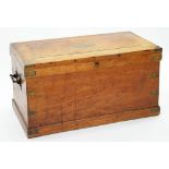 AN IRON AND BRASS MOUNTED HARDWOOD TRUNK, THE LID WITH BRASS PLAQUE INSCRIBED M SCAMTLEBURY, 52CM H;