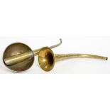 A VICTORIAN BRASS EAR TRUMPET, INDISTINCT MAKER'S NAME PLATE AND ANOTHER BRASS HEARING TRUMPET,