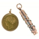 A GAMING TOKEN INSCRIBED 'TO HANOVER', IN 9CT GOLD PENDANT MOUNT AND A GOLD AND SILVER PROPELLING