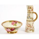 A ROYAL WORCESTER BOWL, PAINTED WITH HADLEY STYLE ROSES AND GILT, 20CM D, BLUE PRINTED MARK, EARLY