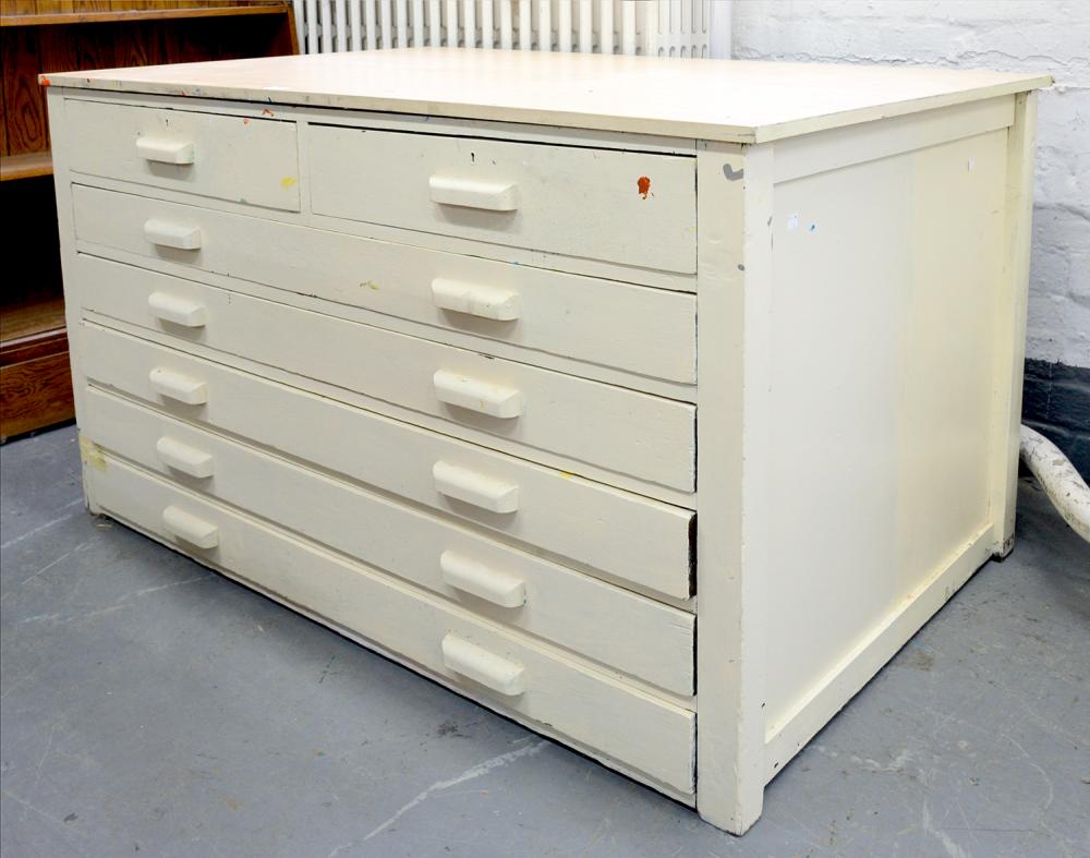 A PAINTED PINE PLAN CHEST, C1930 WITH LATER TOP, 83CM H; 130 X 94CM