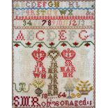 A VICTORIAN LINEN SAMPLER, WORKED BY S M ROBINSON AGED 11, 1864, 38 X 29CM AND ANOTHER, WORKED BY