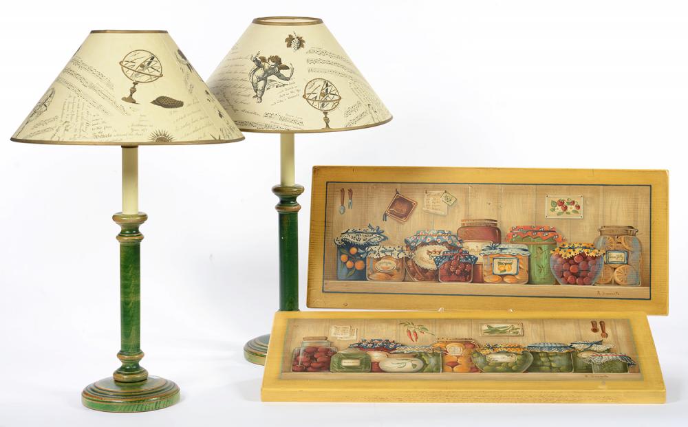 A PAIR OF GREEN PAINTED TABLE LAMPS AND A PAIR OF GREEN PAINTED WOODEN PANELS, INSCRIBED R.