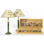 A PAIR OF GREEN PAINTED TABLE LAMPS AND A PAIR OF GREEN PAINTED WOODEN PANELS, INSCRIBED R.