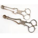 TWO PAIRS OF GEORGE III SILVER SUGAR NIPS, 12 CM AND 13.5 CM L, MARKS RUBBED, C1780, 2OZS 7DWTS++