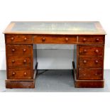 A VICTORIAN MAHOGANY PEDESTAL DESK WITH GREEN LEATHER TOP, 69CM H; 121 X 66CM