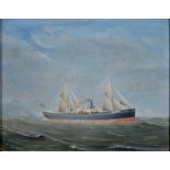 STEAMSHIP AT SEA, INDISTINCTLY SIGNED WITH INITIALS W H AND DATED 1895, OIL ON BOARD, 23 X 33CM