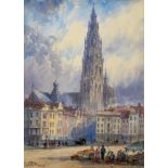 CLAUDE T. S. MOORE, THE CATHEDRAL AT ANTWERP, SIGNED, WATERCOLOUR, 38 X 28CM