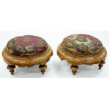 A PAIR OF VICTORIAN WALNUT FOOT STOOLS WITH BEADWORK TOP, 20CM H X 35CM D
