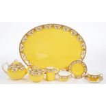 A ROYAL WORCESTER YELLOW GROUND CABARET SET, TRAY 43CM L, SEPIA PRINTED MARK, EARLY 20TH C