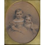 19TH C SCHOOL, DOUBLE PORTRAIT OF CHILDREN, OVAL, PENCIL AND CHALK, 51 X 41CM