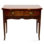 A CARVED MAHOGANY BREAKFRONT SIDE TABLE ON SQUARE TAPERING LEGS, C1930, 86CM H; 97 X 53CM