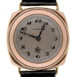 A HARWOOD 9CT GOLD SELF-WINDING LADY'S WRISTWATCH, CUSHION SHAPED, 3 CM EXCLUDING LUGS, LEATHER