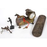 A BRASS CHARIOT MANTEL CLOCKCASE WITH ASSOCIATED FRENCH TIMEPIECE AND ENAMEL DIAL, 13.5CM H, MID
