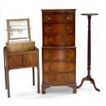 A VICTORIAN MAHOGANY NIGHT STAND, A VICTORIAN MAHOGANY BOW FRONTED DRESSING TABLE, TRIPOD TORCHERE