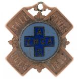 A YMCA MEDAL FOR THE FALL GAMES 1889, IN GOLD WITH BLUE ENAMEL, 2.6 CM LONG, 7G++SLIGHT ENAMEL