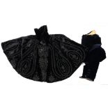 A VICTORIAN BLACK VELVET EMBROIDERED AND JET LADIES CAPE AND A PAIR OF NAVY BREECHES