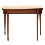 A VICTORIAN INLAID MAHOGANY CARD TABLE WITH SQUARE TAPERING LEGS, 72CM H X 89CM W