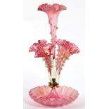 A VICTORIAN CRANBERRY SHADED AND SEMI OPALESCENT GLASS FLOWER STAND ON FRILLED BASE, 52CM H, LATE