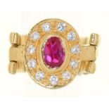 A RUBY AND DIAMOND ARTICULATED RING, IN GOLD MARKED 750, MARK FOR VICENZA, ITALY, 6G, SIZE O++IN