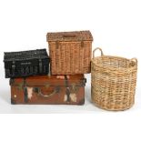 VINTAGE LUGGAGE, INCLUDING A BROWN LEATHER SUITCASE AND THREE WICKER BASKETS