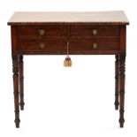 A VICTORIAN MAHOGANY SIDE TABLE FITTED WITH THREE DRAWERS ON TURNED LEGS, 77CM H; 82 X 45CM