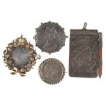 AN 1882 INDIAN RUPEE BROOCH, TWO OTHER SILVER COIN BROOCHES, A SILVER BOUND NOTEBOOK AND A PENCIL++