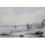 H. A. JONES, FISHERFOLK ON THE BEACH AT LOW TIDE, SIGNED AND DATED 87, WATERCOLOUR, 17 X 25CM