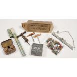 THREE VINTAGE CORKSCREWS, AN ARTS AND CRAFTS EMBOSSED PEWTER MOUNTED WOOD CIGARETTE BOX, A VICTORIAN