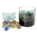 A QUANTITY OF VINTAGE GLASS MARBLES IN A GLASS JAR