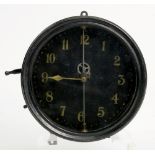A BRITISH BLACK PAINTED METAL WALL TIMEPIECE WITH VISIBLE ESCAPEMENT, 20CM D, EARLY 20TH C