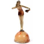 AN ART DECO PATINATED METAL STATUETTE OF A YOUNG WOMAN WITH FAN, ON ALABASTER BASE, 22CM H, C1930