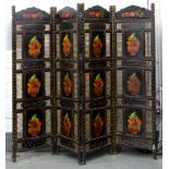 A LATE 19TH OR EARLY 20TH C FOUR FOLD PAINTED SCREEN, DECORATED WITH FRUIT AND FLOWERS, 183CM H X