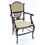 AN EDWARDIAN MAHOGANY ELBOW CHAIR, AN INLAID MAHOGANY SALON CHAIR AND TWO OTHERS, SIMILAR