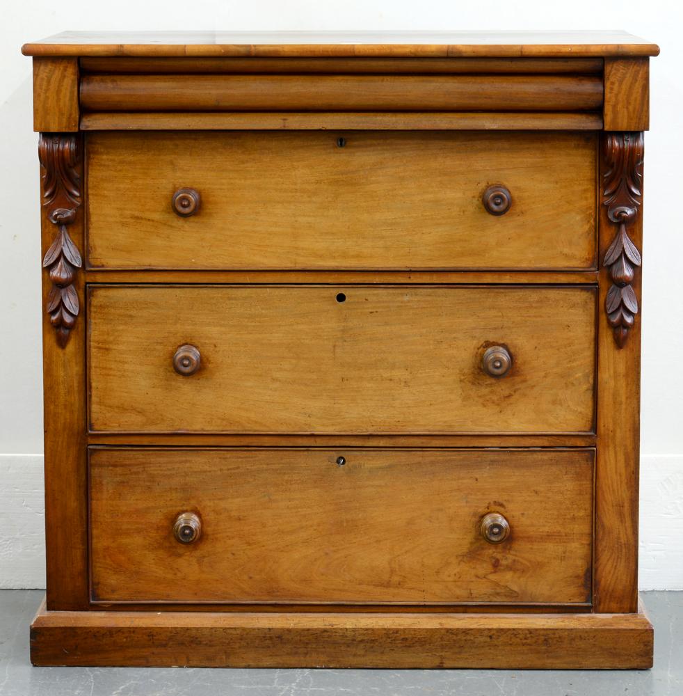 A VICTORIAN CARVED MAHOGANY CHEST OF DRAWERS, 122CM H; 124 X 55CM