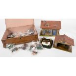 A VICTORIAN SCUMBLED DEAL BOX CONTAINING A QUANTITY OF HOLLOW CAST LEAD ALLOY FARM ANIMALS, BOX 40CM