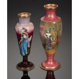 TWO LIMOGES ENAMEL VASES, EARLY 20TH C, painted with a young woman with a basket of flowers or fan