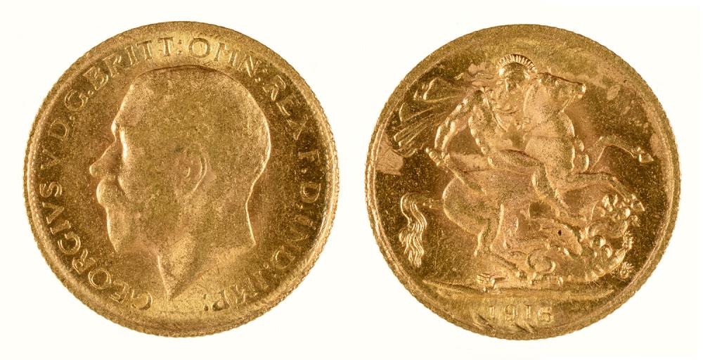 GOLD COIN. SOVEREIGN, 1916++WITH LIGHT WEAR AND SCRATCHES CONSISTENT WITH AGE