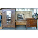 AN EDWARDIAN INLAID MAHOGANY MIRROR BACKED DRESSING TABLE, AN INLAID MAHOGANY CHEST OF DRAWERS AND