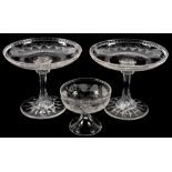 A PAIR OF VICTORIAN CUT AND ENGRAVED GLASS TAZZE, 16CM H AND A VICTORIAN GLASS PEDESTAL SUGAR
