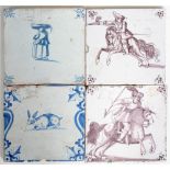 FOUR 18TH C DUTCH DELFT WARE TILES, PAINTED WITH A HORSEMAN IN MANGANESE OR OTHER SUBJECTS IN