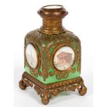 A PALAIS ROYAL GILTMETAL MOUNTED GREEN OPALINE GLASS SCENT BOTTLE, THE CAP AND SIDES SET WITH