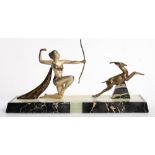 A FRENCH ART DECO PATINATED METAL, ONYX AND MARBLE SCULPTURE OF A HUNTRESS AND GAZELLE, 52CM L,