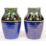 A PAIR OF WILKINSON PAN'S GARDEN PATTERN LUSTRE WARE VASES, 25CM H, PRINTED MARK, C1930