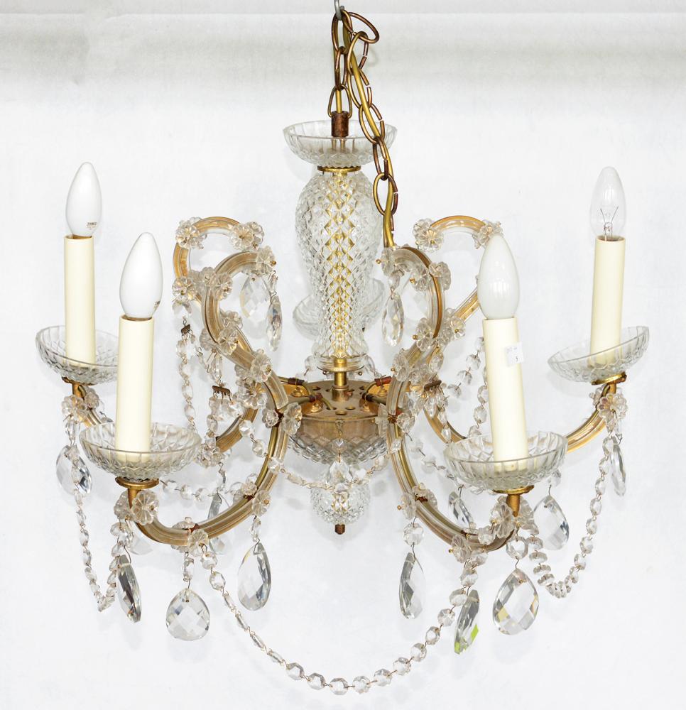 A FIVE BRANCH GLASS CHANDELIER IN A VICTORIAN STYLE AND TWO PAIRS OF GILTMETAL TWIN BRANCH WALL