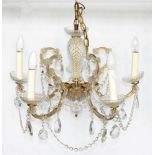 A FIVE BRANCH GLASS CHANDELIER IN A VICTORIAN STYLE AND TWO PAIRS OF GILTMETAL TWIN BRANCH WALL