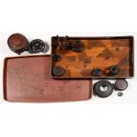 A PARQUETRY GALLERY TEA TRAY, A CHINESE RED LACQUERED GALLERY TEA TRAY DECORATED WITH BIRDS,