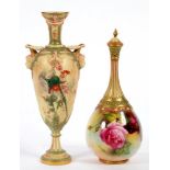 TWO ROYAL WORCESTER VASES AND A COVER, ONE PAINTED WITH HADLEY STYLE ROSES THE OTHER DECORATED
