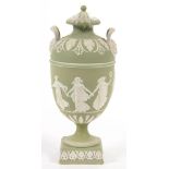 A WEDGWOOD GREEN JASPER DIP OVOID VASE AND COVER, ORNAMENTED WITH THE DANCING HOURS, 23CM H,